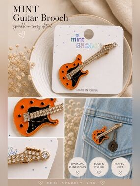 Mint Guitar Brooch Rhinestone Pin Orange Black Gold Sparkly Jewelry Cute Trendy